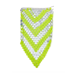 Close-up of neon green and silver sequins on a disco-style skirt with metal links