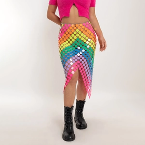 Detail of colorful rainbow sequin chain skirt with handmade metal links for parties
