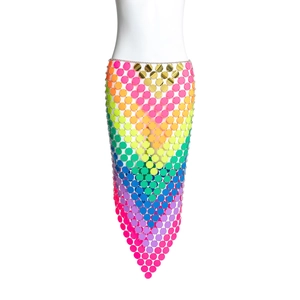 Colorful sequin body chain skirt with rainbow gradient discs for beach and party wear