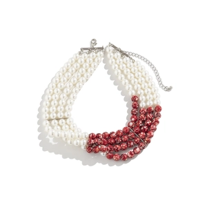 Gothic multi-layer beaded choker with red marble droplets and adjustable silver chain