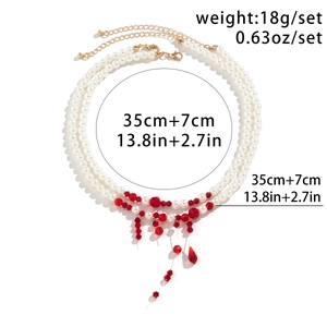 Gothic choker set with white pearls and red blood drop crystals plus size details