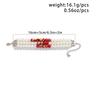 Three-layer pearl bracelet with red marbled beads and adjustable silver clasp