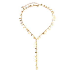 Detail van gouden Y-vormige ketting met sterkwastjes en verstelbare verlengketting