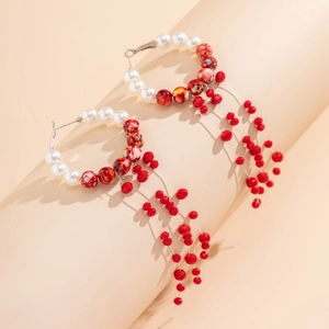 Gothic long fringe earrings with red crystal beads and pearls for Halloween party style