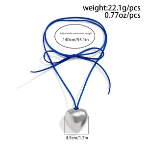 Detail of adjustable blue wax cord necklace with 4.5cm silver heart pendant measurements