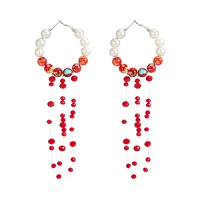 Gothic style hoop earrings with pearl beads and long red crystal tassel pendants