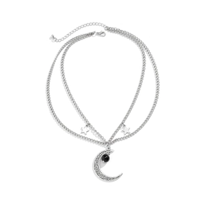 Collana a strati retrò con mezzaluna argentata e stelle, catena geometrica in metallo
