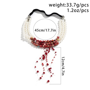 Detailed size specifications for Gothic choker with red blood tassel and white pearls