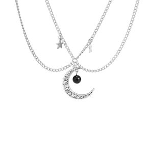 Collana doppia a strati argento con pendente a luna traforata, perla nera e stelle