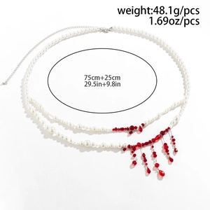Gothic multilayer pearl waist chain with red crystal blood drops and metal extender