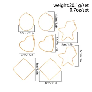 Size chart showing dimensions for four gold geometric earrings in star and heart shapes