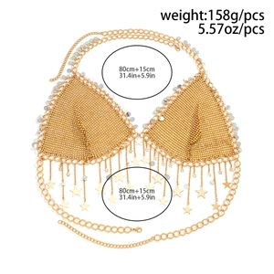 Detail of gold mesh body chain featuring star charms and adjustable sizing specs