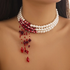 Three-layer faux pearl choker with red crystal tassels for Halloween gothic style