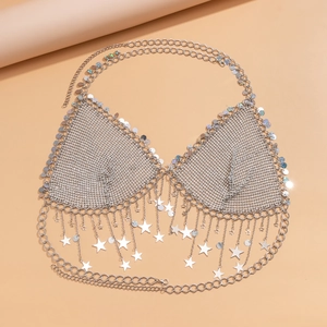 Sparkling silver rhinestone bikini body chain with star pendants and tassel fringe
