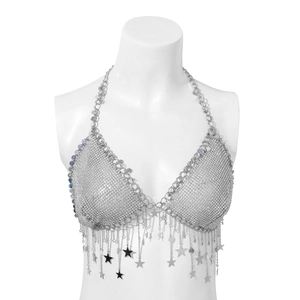 Detailed silver metal mesh halter top with sequin finish and star tassel fringe ornaments
