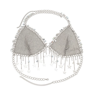 Detail of silver mesh body chain with star tassels and adjustable metal neck strap