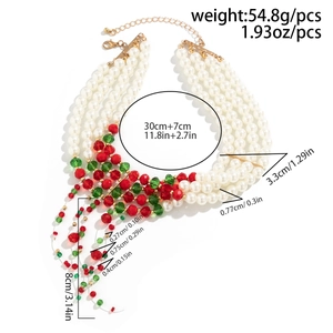 Close-up of layered Christmas choker with red green beads and imitation pearls weighing 54.8g