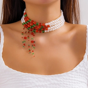 Multilayer pearl choker with red and green crystal fringe for Christmas festive style