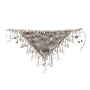 Close-up of silver mesh body chain with fringe star sequins and lobster clasp