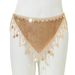 Detail of gold rhinestone body chain with star charms and shimmering fringe tassels