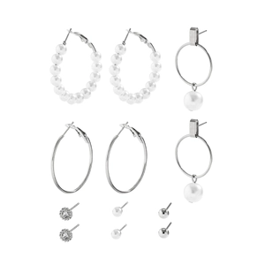 Detail view of a 6-pair set of silver-toned earrings with pearls and crystals