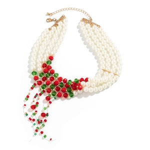 Multilayer Christmas choker necklace with pearls, red and green beads, and gold tassels