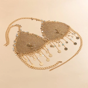 Detail of gold rhinestone mesh body chain with star sequins and adjustable links