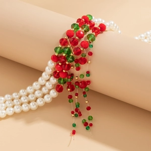 Multilayer Christmas beaded choker necklace with pearls and festive red green tassels