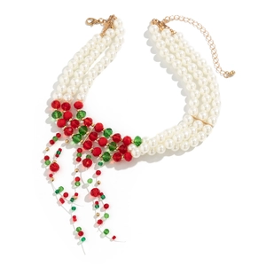 Multilayer pearl choker with red green bead tassels and golden lobster clasp