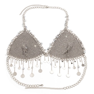 Detail of silver sequin body chain with sparkling tassel and adjustable neck strap