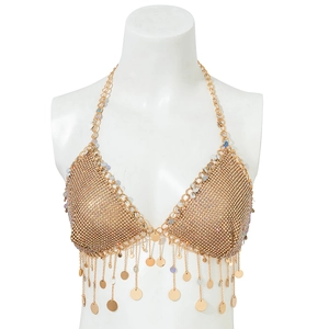Detail view of gold sequin body chain with sparkling rhinestones and metal tassels