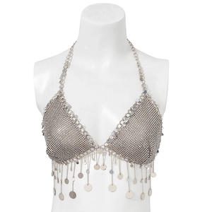 Close-up of silver sequin metal mesh bikini body chain with stylish fringe tassels