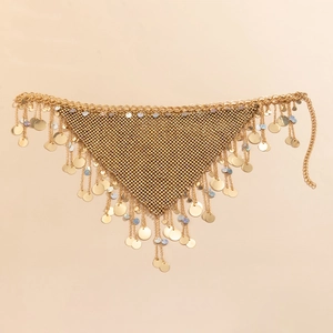 Detail of gold metal mesh body chain with star sequins and iridescent beads for beach