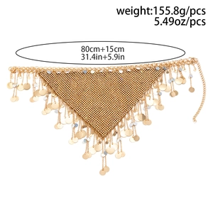 Detail view of gold triangular mesh body chain with round sequins and dimension marking