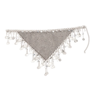 Detail of silver metallic mesh body chain with dangling sequins for beach fashion