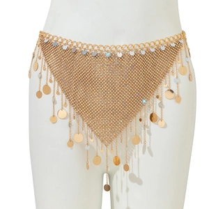 Detail of gold mesh body chain with sparkling rhinestones and star-shaped sequin tassels