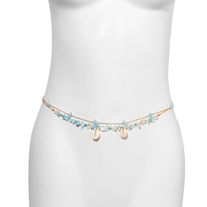 Boho Goldene Taillenkette mit hellblauen Steinen und weißen Muschel-Anhängern