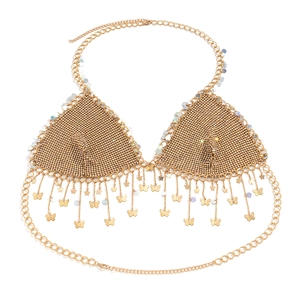 Detailed gold mesh body chain with butterfly tassels and rhinestone bra details