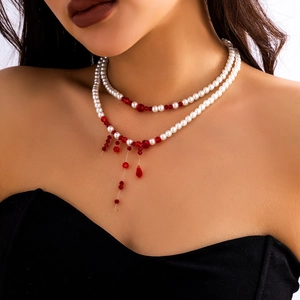 Gothic choker with double-layer pearls, red beads, and hanging blood droplet pendants