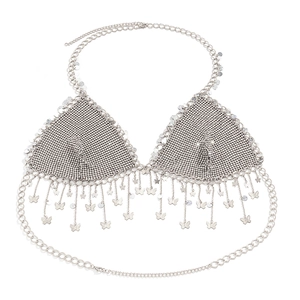 Detail of silver body chain with butterfly tassels and sparkling rhinestone sequins