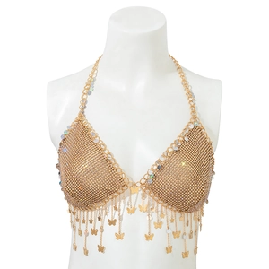 Detail of gold mesh bikini body chain with sparkling rhinestones and butterfly tassels