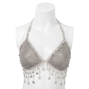 Detailed view of silver mesh body chain featuring sparkling butterfly fringe pendants