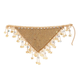 Detail of gold bikini body chain featuring intricate mesh net and butterfly charms