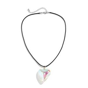 Macro shot of large laser-textured heart pendant with black cord chain and silver clasp