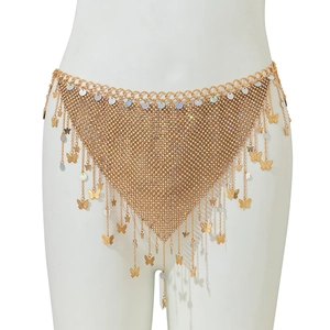 Detailed view of golden mesh body chain with sparkling rhinestones and butterfly tassels