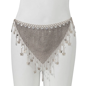 Detailed view of silver body chain featuring rhinestone mesh and hanging butterfly charms