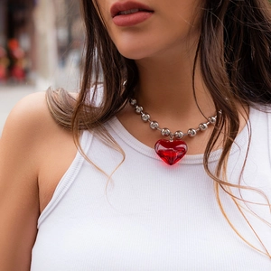 French style silver ball chain necklace with a vibrant red heart glass pendant