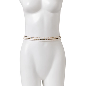 Close-up of three-layer multi-colored seed bead belly chains on a white mannequin