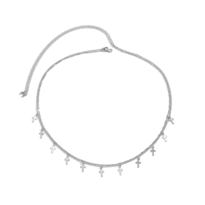 Detail of silver double-layered snake chain body belt with cross charms and lobster clasp