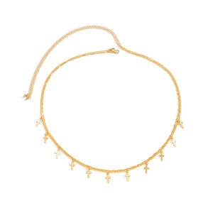 Double-layered gold body chain featuring hanging cross pendants and adjustable lobster clasp